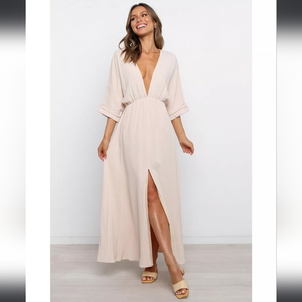 Women's Cream Maxi Dress with Deep V and Front Slit